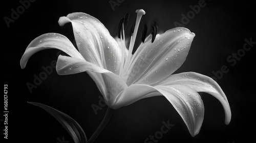 Elegant Black and White Lily Flower with Raindrops on Petals