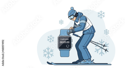 Skier setting timer on smart watch for winter competition illustration