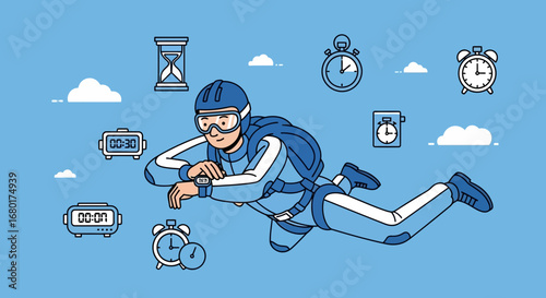 Skydiver checking time mid-air surrounded by clocks symbolizing time management