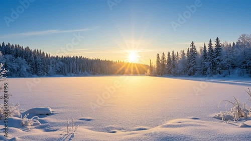 A snowcovered field stretches to a tree line with the sun shining brightly in a light blue sky