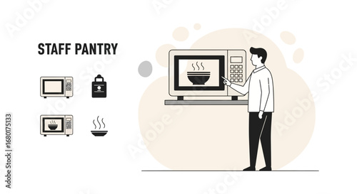 Staff pantry illustration depicting an employee using a microwave oven in the office for lunch