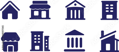 Collection of various architectural icons in a minimalist design, ideal for various applications, from graphic design to website elements, These icons represent essential buildings. 