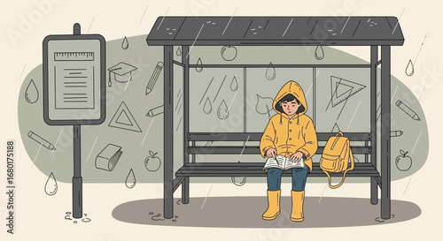 Student reading book at bus stop in the rain represents a thoughtful, educational journey in