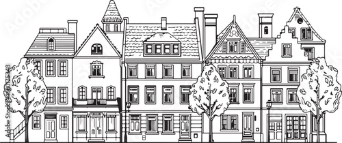 Black and White Vector Illustration of European City Street with Old Buildings and Trees Detailed Architecture and Urban Landscape