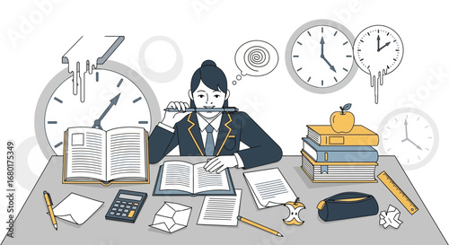 Stressed student girl studying hard for the exam with books and stationery items all around her on