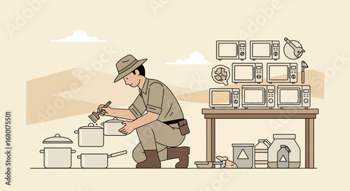 Stylized desert scene with a character tending to pots and microwaves behind him