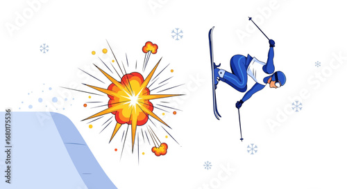 Stylized illustration of a skier performing a trick after an explosion on snow