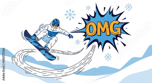 Stylized illustration of a snowboarder performing a trick with OMG typography