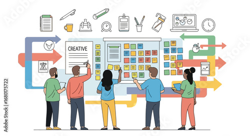 Team Collaboration and Brainstorming on Creative Project with Sticky Notes and Arrows