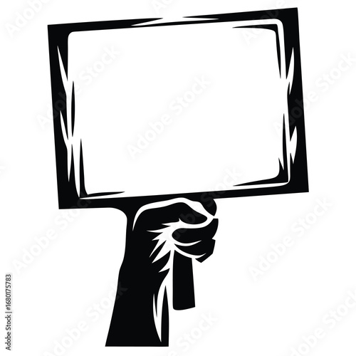 Raised fist holding a blank sign, a powerful symbol of protest