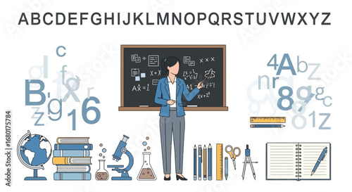 Teacher educating with chalkboard and science tools illustration for education themes