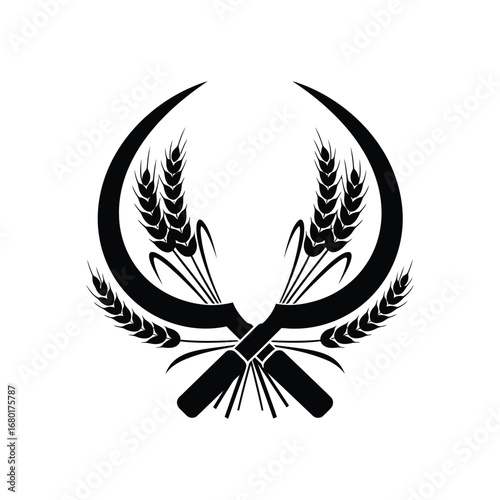 Vector illustration of sickle and wheat ears agriculture farming harvest symbol icon