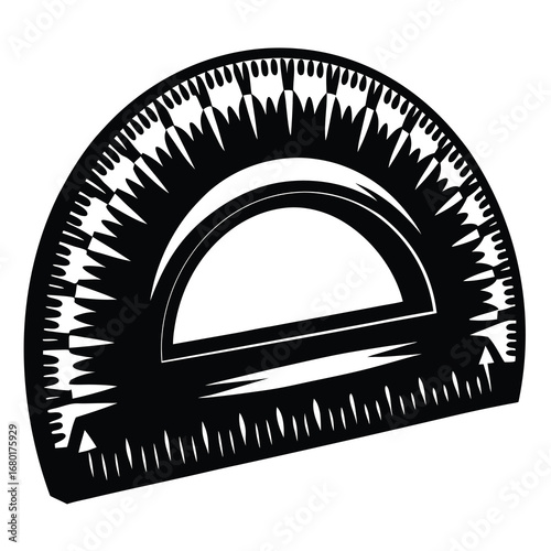Black and white illustration of a protractor with an ornamental design