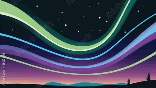 Vibrant aurora borealis waves dancing in starry night sky nature landscape vector