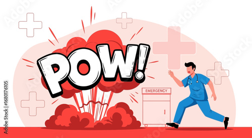 Urgent emergency response doctor rushing in comic style graphic illustration vector art portraying