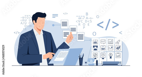 Vector illustration of a programmer working on code and project management tasks