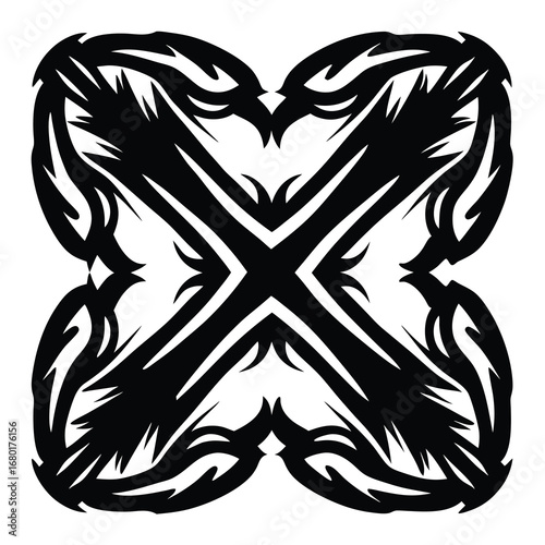 Intricate black and white abstract ornamental design with symmetrical x pattern