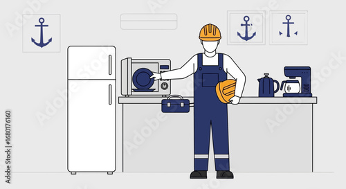 Vector illustration of a repairman fixing a microwave in a kitchen setting with white appliances