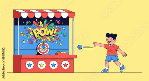 Vector illustration of a boy playing a ball throwing game at a carnival fair