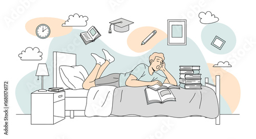 Tired Student Studying in Bed: Cartoon Illustration of a Young Man Overwhelmed by Homework