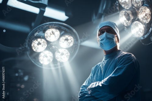 A surgeon standing under bright operating lights preparing instruments The mood feels tense and precise, Generative AI