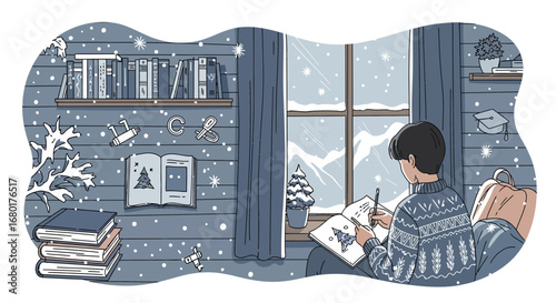 Winter study scene with a student drawing a christmas tree in a snowy atmosphere