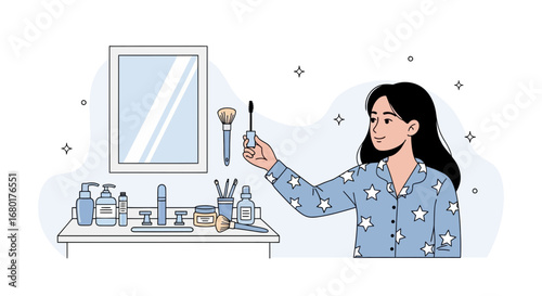 Woman applying mascara in bathroom, morning beauty routine for radiant complexion