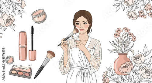 Woman applying makeup with floral elements in a beauty and fashion themed design