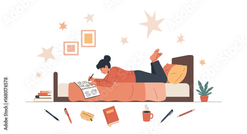 Woman drawing on her bed with stars in the background illustration vector