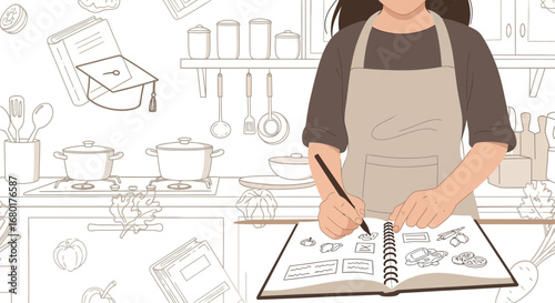 Woman creating recipe illustrations in kitchen sketch style culinary design preparation