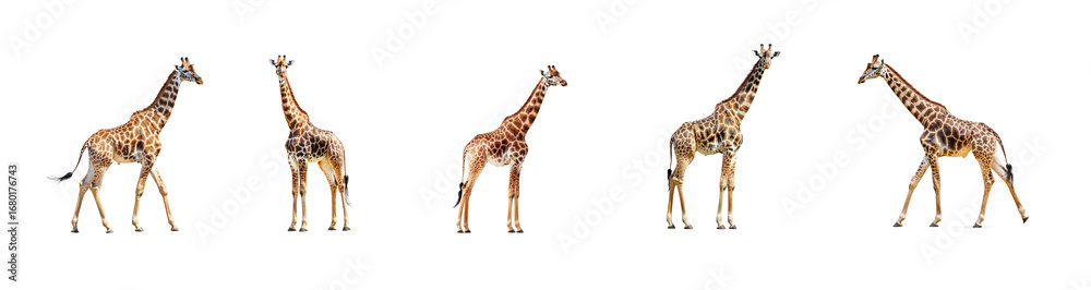 Naklejka premium Collection of Giraffe stretching A giraffe stretches its neck forward or backward, reaching the ground with its front legs. full length isolate on transparent background