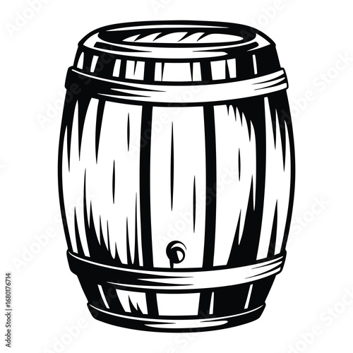 Classic monochrome barrel illustration with wood grain and rustic charm aesthetics