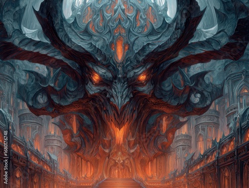 Dark Fantasy Dragon in an Infernal Castle
