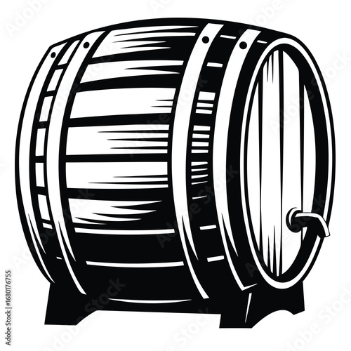 Bold black and white illustration of a wooden barrel on a white background