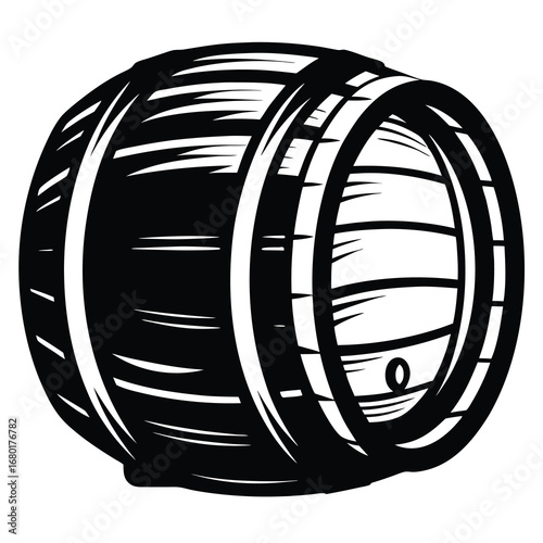 Black and white illustration of a stylized wooden barrel for drinks