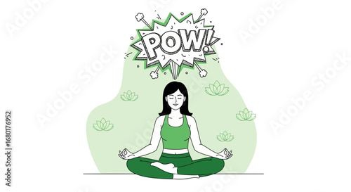 Woman meditating and emanating power with comic style POW bubble illustration