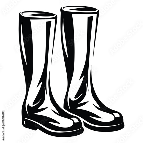 Pair of monochrome rain boots illustrated in black and white style