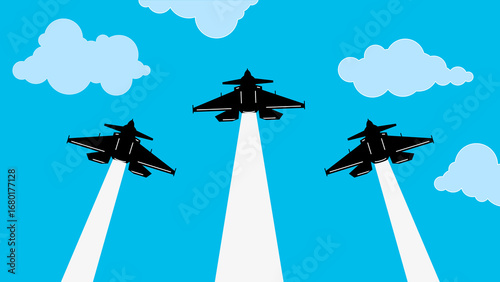 Bold fighter jet illustration featuring three powerful military aircrafts soaring into the sky with dramatic white smoke trails against a clear blue background. The minimalist flat design.