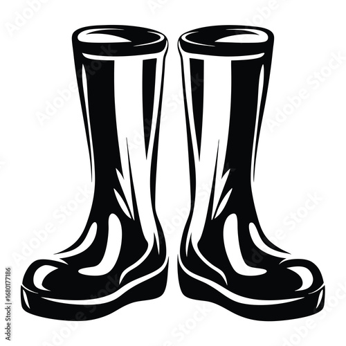 Monochrome illustration of pair of tall rain boots isolated on white