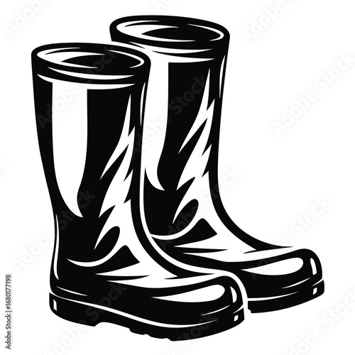 Black and white vector image of rubber boots for rainy days