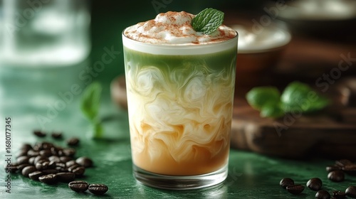 Vibrant Layered Matcha Caramel Coffee Drink with Whipped Cream, Mint Garnish, and Scattered Coffee Beans