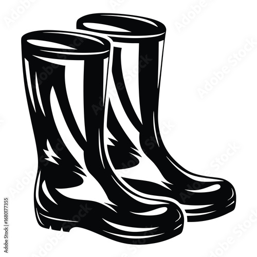 Stylized pair of black rubber boots for rain protection and gardening