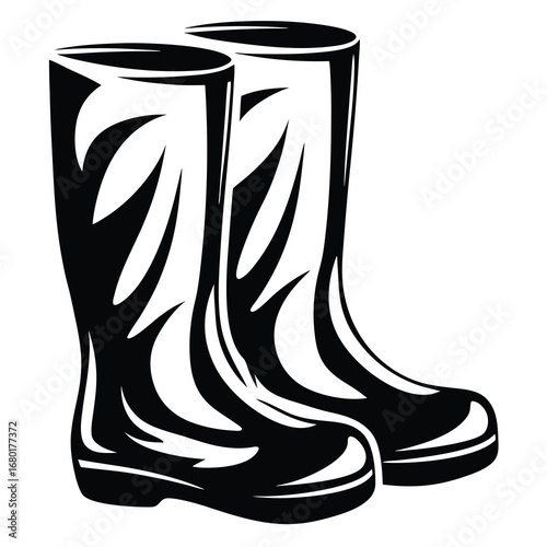 Black and white vector illustration of pair of rubber boots