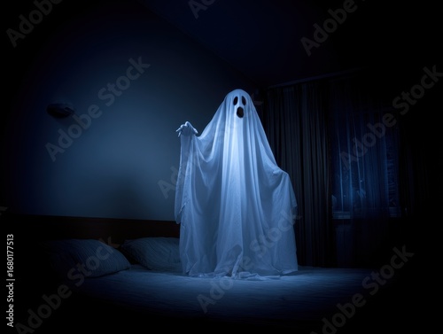 Mysterious Ghost in Dimly Lit Bedroom
