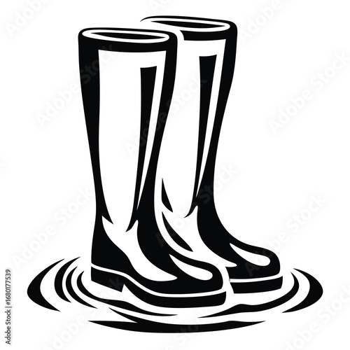 Black and white graphic illustration of rubber boots standing in puddle