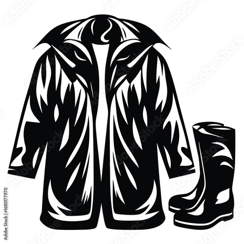 Bold Graphic Illustration of Raincoat and Boots Ready for Wet Weather