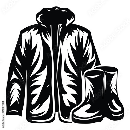 Black and white image of waterproof jacket and rain boots design