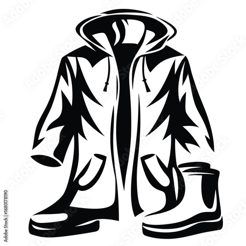 Black and white graphic illustration of a raincoat and rubber boots
