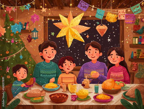 Family celebrating christmas with traditional mexican food and decorations