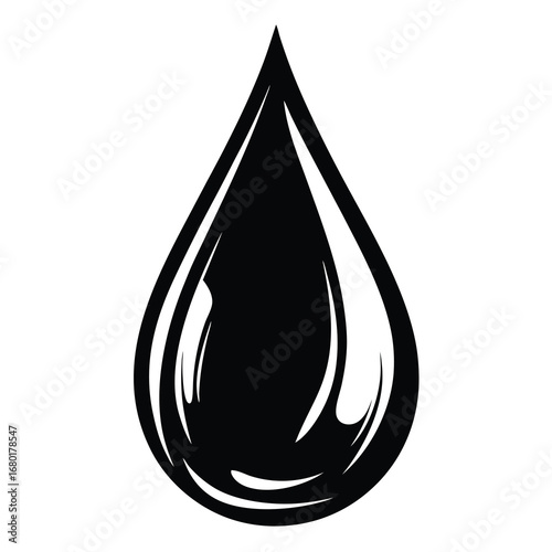 Single dramatic black oil drop with light reflecting and white background